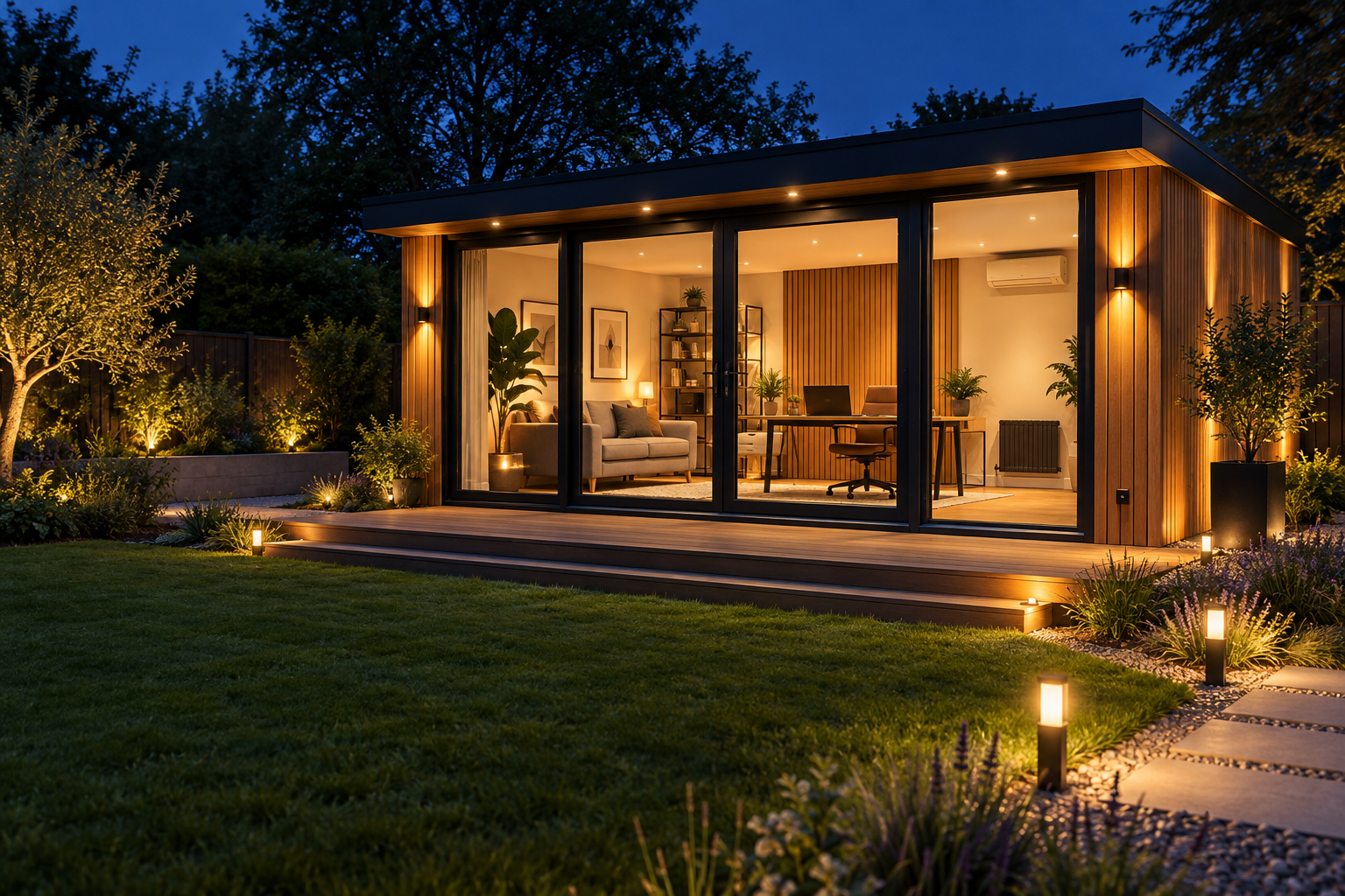 Modern garden room at night with warm internal lighting, exterior lights and pathway lighting